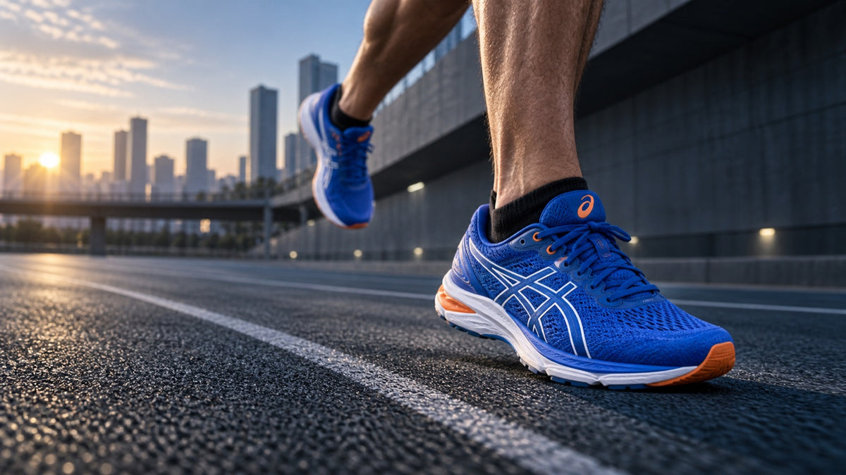 Men's running shoes on a city road at sunrise